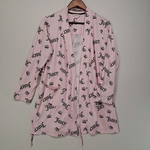 Juicy Couture Robe Womens Medium Pink Black Logo Lightweight Pockets No Tie